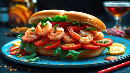 Aufkleber - Shrimp Sandwich with Fresh Ingredients and Empty Space for Text on a Colorful Plate Against a Dark Background