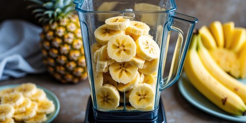 Aufkleber - Sliced Pineapple And Banana In A Blender With Fresh Fruits In The Background Ready For Smoothie Preparation