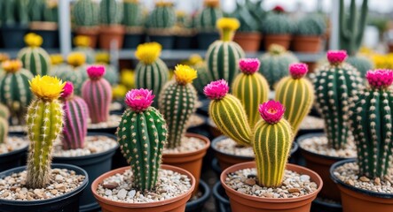 Poster - Vibrant Moon Cacti in Various Colors Displayed at a Nursery with Soft Focus on Desert Plants and Pots. Perfect for Flora and Gardening Themes.