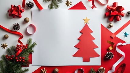 Poster - Christmas card design with blank white paper, red tree cutout, colorful ribbons, and holiday decorations on a festive background.