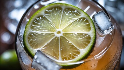 Poster - Cocktail Glass with Lime Slice and Ice Cubes Refreshing Drink Close-Up for Beverage Promotions and Summer Themes