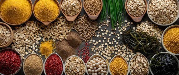 Aufkleber - Assorted grains and seeds including millet, oats, and flaxseed arranged in various bowls creating a colorful agricultural background.