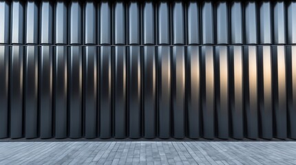 Aufkleber - Elegant metallic wall with shiny black stripes and textured surface in a modern architectural setting with wooden flooring in the foreground.