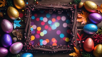 Poster - Colorful chocolate eggs frame on wooden background with bokeh lights and autumn leaves providing perfect seasonal decoration and copy space.