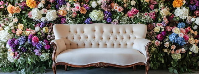 a vintage sofa with soft, velvety fabric and elegant wooden legs sits in front of an array of colorf