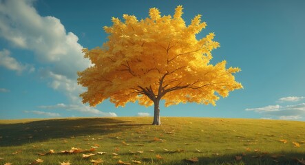 Aufkleber - Vibrant golden maple tree standing alone on grassy hill during autumn against a clear blue sky showcasing fall foliage beauty.