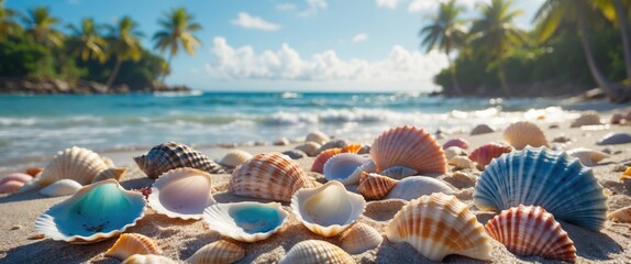 Poster - Tropical Beach Scene with Colorful Shells on Sandy Shoreline and Calm Crystal Clear Waters Under Bright Blue Sky