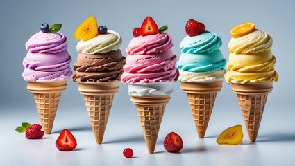 Aufkleber - Assorted Colorful Ice Cream Cones Displayed Against White Background With Fresh Fruits Copy Space For Promotional Text and Advertisements
