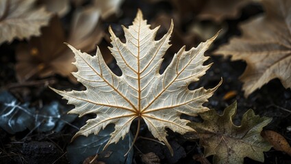 Aufkleber - Detailed close-up of a skeleton leaf displaying intricate veins and natural textures on a dark background showcasing organic decay and beauty.