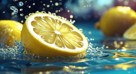 Aufkleber - Lemon slice splashing in water with fresh lemons in background creating a vibrant and refreshing citrus-themed image for food or beverage concepts