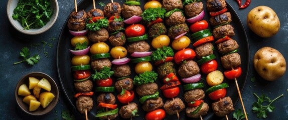 Poster - Grilled Shish Kebab with Colorful Vegetables and Spiced Potatoes on a Dark Background with Blank Space for Text Ð¸Ð»Ð¸ Content
