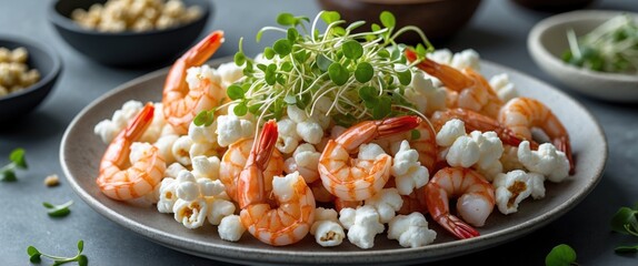 Aufkleber - Shrimp Popcorn Garnished With Microgreens On A Plate Perfect For Culinary Promotions And Recipe Design