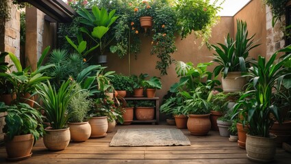 Poster - Lush Green Outdoor Planters in a Tranquil Garden Setting with Wooden Flooring and Warm Natural Light