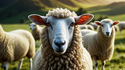 Poster - Sheep grazing peacefully in a lush green meadow with a soft focus on the foreground, showcasing the serene rural lifestyle.