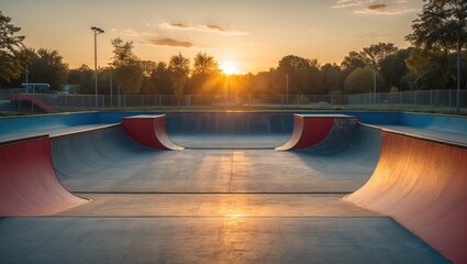 Aufkleber - Skatepark at Sunrise with Empty Bowl Areas and Natural Light for Creative Text Insertion