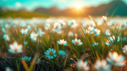 Aufkleber - Sunlit Meadow with Delicate Grass Flowers in Focus Under Vintage Toning Enhancing Natural Beauty and Serenity in the Field