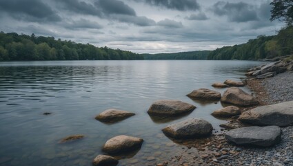Aufkleber - Serene Lake Shoreline with Rocks Under Cloudy Skies Reflecting Calm Waters and Lush Greenery Ideal for Text Overlay or Nature Themes