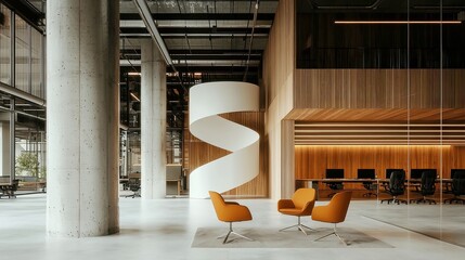 Poster - Futuristic Office Environment, a sleek workspace featuring AI assistants, adaptive lighting, and automated climate systems designed for enhanced productivity and comfort.