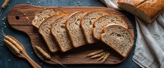 Aufkleber - Sliced Wheat Bread Displayed on Wooden Cutting Board with Wheat Ears and Napkin in Rustic Setting Flat Lay Perspective