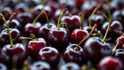 Aufkleber - Fresh harvest of luscious dark red cherries arranged on wooden surface showcasing vibrant colors and natural textures