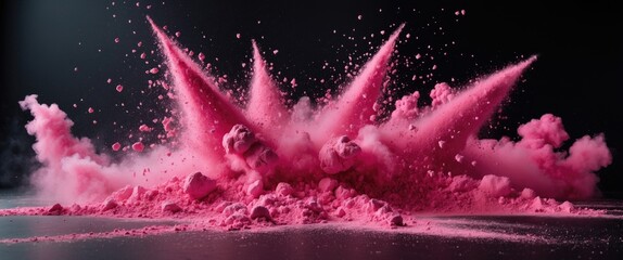 Poster - Vibrant pink powder explosion on dark background showcasing dynamic movement and abstract art aesthetics in a striking visual display.