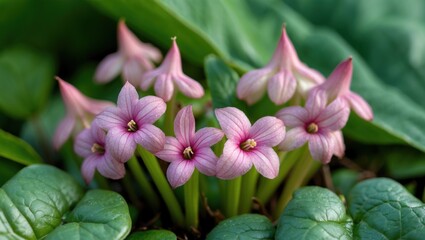 Aufkleber - Delicate pink flowers of Oxalis oregana showcasing a vibrant green leaf backdrop in a natural garden setting. Ideal for nature-themed designs.