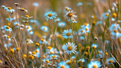 Aufkleber - Dried Wild Daisy Meadow in Selective Focus with Delicate Blurred Grass Background Capturing Nature's Serenity and Wildflower Beauty