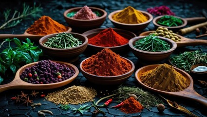 Aufkleber - Colorful assortment of Indian spices and herbs displayed in wooden bowls on a textured black background showcasing vibrant culinary ingredients.