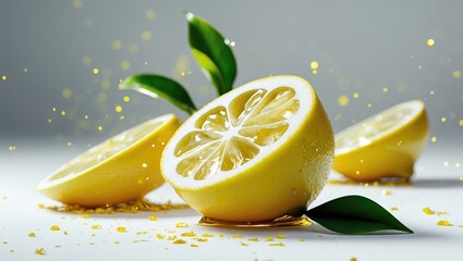 Aufkleber - Fresh Lemon Slices with Green Leaves on a Bright Background Ideal for Culinary or Beverage Related Imagery