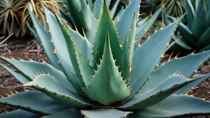 Aufkleber - Lush Green Agave Plant with Sharp Pointed Leaves Surrounded by Natural Landscape