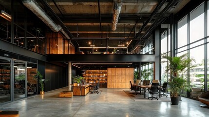 Poster - Modern Hybrid Workspace Design, a versatile office blending remote and in-person work, featuring adaptive layouts, ergonomic furnishings, and advanced digital connectivity.
