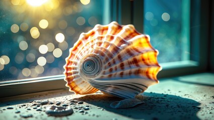 Aufkleber - Seashell Resting on Sunlit Window Sill Surrounded by Bokeh with Room for Text or Graphics in a Warm Coastal Vibe
