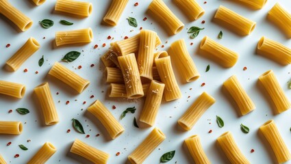 Poster - Rigatoni Pasta Spread with Fresh Herbs and Spices on White Background Minimalistic Food Styling