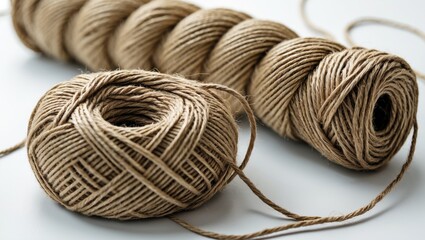 Poster - Natural jute twine skeins and balls arranged on a white surface for crafting and DIY projects.
