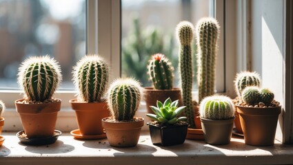 Poster - Sunlit Cacti and Succulents Arranged in Pots on Windowsill Creating a Lively Indoor Greenery Scene