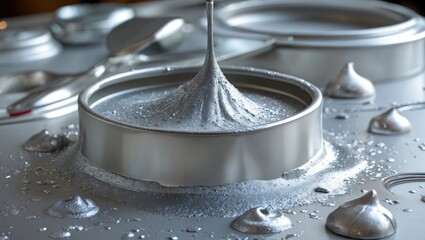 Poster - Shiny metallic paint in a tin container showcasing silver pigment texture and fluidity in artistic workspace environment