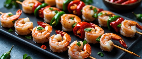 Poster - Shrimp Kebabs Grilled with Fresh Chili Peppers on a Platter Featuring Empty Space for Culinary Text and Promotions