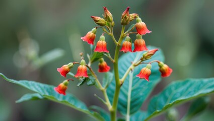 Poster - Vibrant Wildflower Buds with Bell-Shaped Blooms Emerging from Lush Green Leaves in a Natural Setting