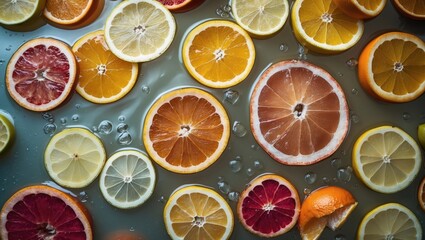 Aufkleber - Citrus Fruit Slices Floating in Water with Bubbles Including Lemon Orange and Grapefruit Ideal for Refreshing and Aesthetic Themes