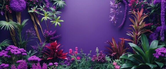 Poster - Vibrant ornamental plant background featuring an array of purple flowers and greenery with a solid purple backdrop for visual interest.