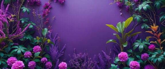 Poster - Vibrant ornamental plant background with rich purple tones and lush greenery creating a stunning natural frame for design projects.