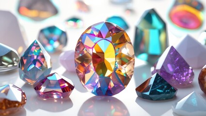 Poster - Colorful semi-precious gemstones of various shapes scattered on a bright background showcasing their vibrant hues and sparkling facets.