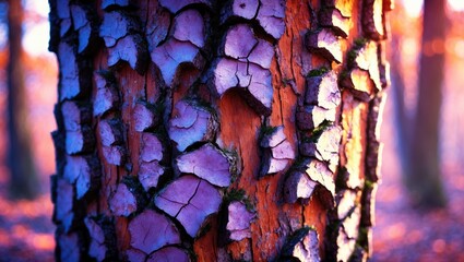 Poster - Vibrant close-up of textured tree bark showcasing intricate patterns and colors illuminated by warm light in a forest setting.
