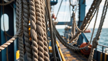 Aufkleber - Textured ropes on a ship deck with tranquil sea view, providing ample space for text overlay and maritime-themed designs.