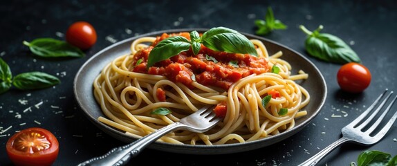 Aufkleber - Pasta with Tomato Sauce and Basil Leaf on Plate with Forks and Cherry Tomatoes on Dark Background
