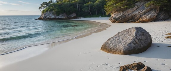 Aufkleber - Tranquil Cove with Smooth White Sand and Rock Surrounded by Lush Greenery Ideal for Relaxation and Vacations