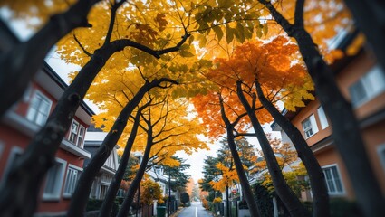 Poster - Autumn Street Scene Framed by Colorful Yellow and Orange Leaves of Trees Arching Over, Creating a Vibrant Pathway in a Residential Area