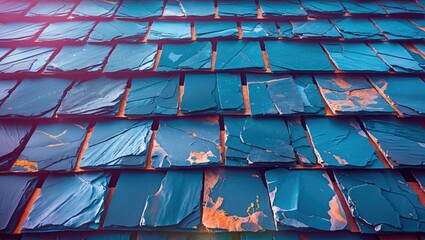 Aufkleber - Textured slate roof tiles arranged horizontally showcasing vibrant blue and rustic highlights in a weathered aesthetic.