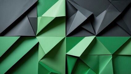 Poster - Geometric origami background in black and green showcasing intricate folded patterns and textures for modern design projects.