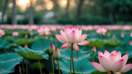 Aufkleber - Serene pink lotus flowers in a lush garden with soft focus and a tranquil blurred background during golden hour.